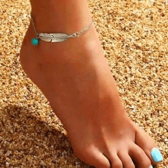 BOHO FEATHER AND TURQUOISE HANGING CHARM BOHO ANKLET - Picture 1 of 5
